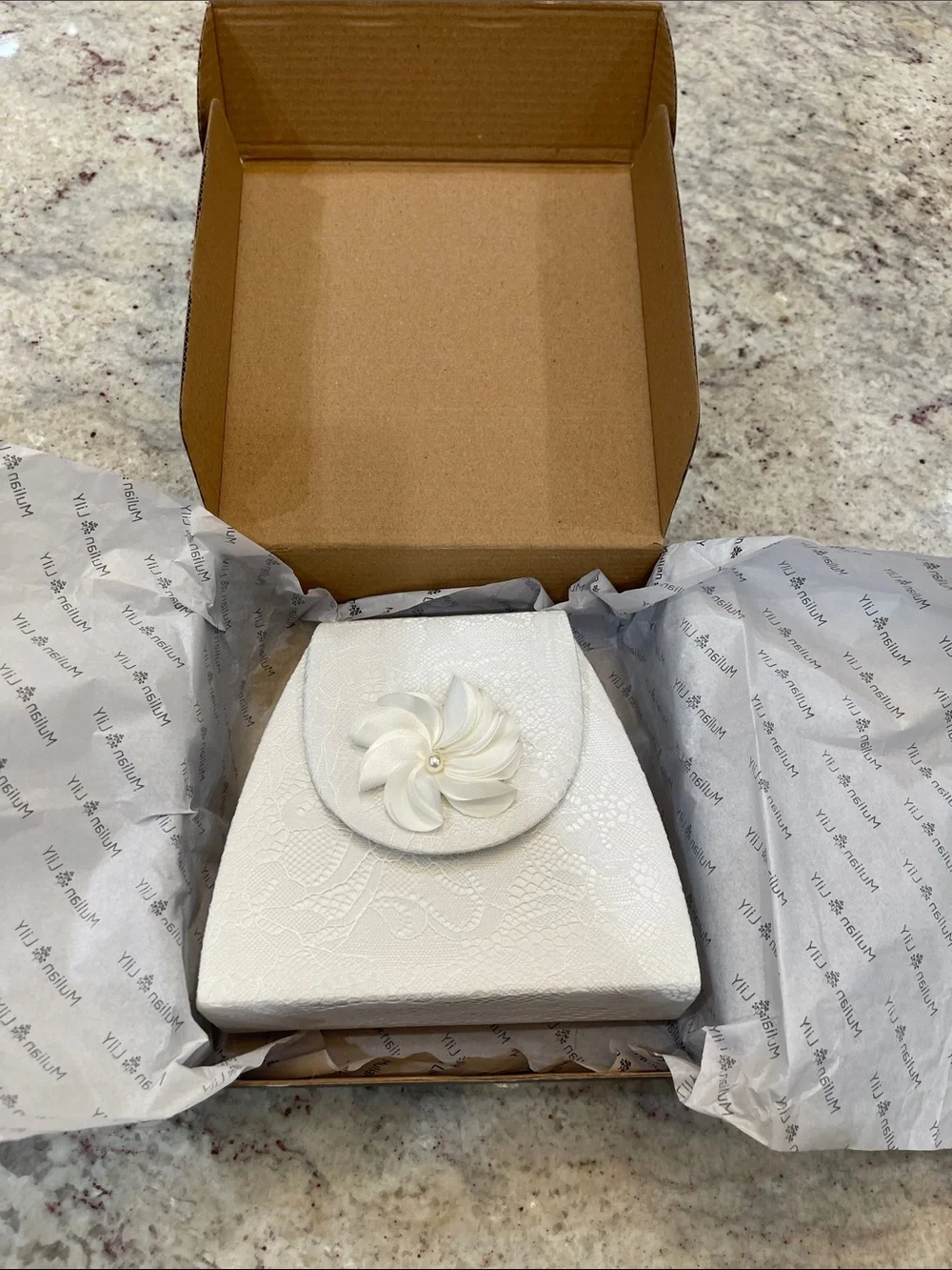 NIB Mulian LilY Floral Lace & Pearl Handle Bridal Evening Clutch Bag White